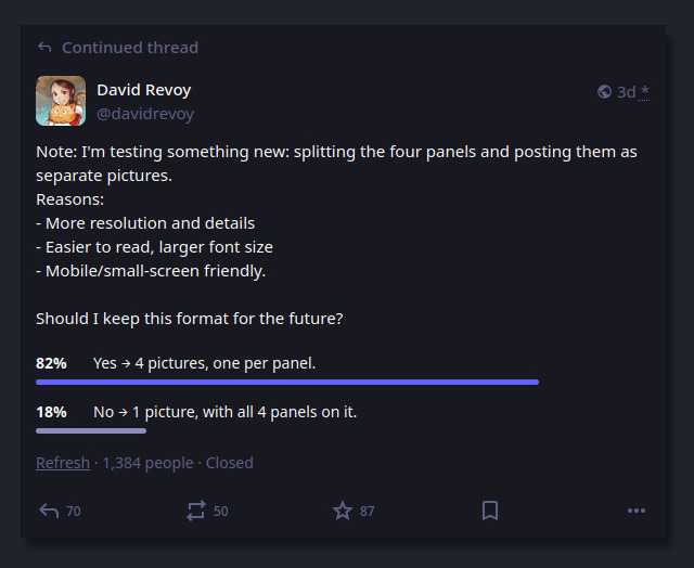 screenshot of the poll, where I say what I test, and ask audience what they prefer: unified or split-panels, 82% for split panels, 18% for unified, 1384 participants