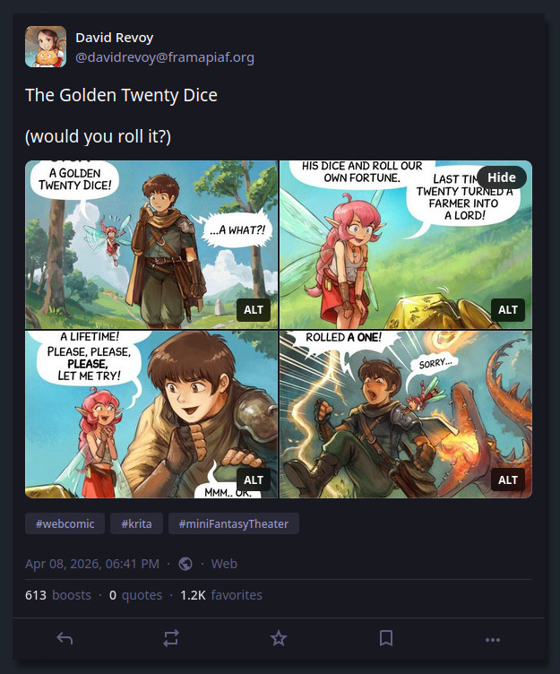 A screenshot of episode 47 posted on Mastodon's web interface, with four split panels, four panels are trimmed to 16/9