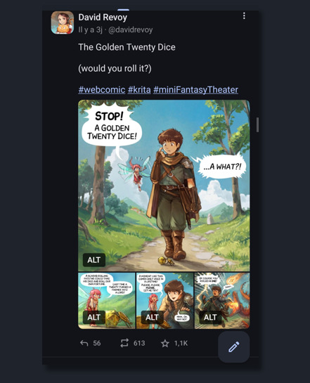 A screenshot of episode 47 posted on Mastodon's app, with four split panels: one panel is large, then three little, non are cropped