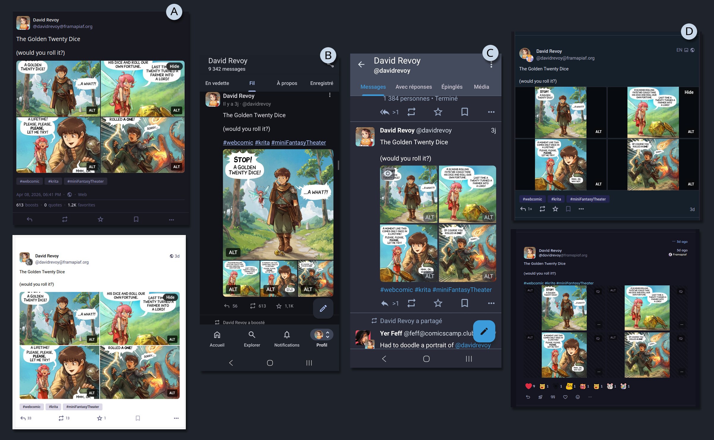 Six screenshots of the same episodes with variations of user interface, theme, and cropping policy depending the client